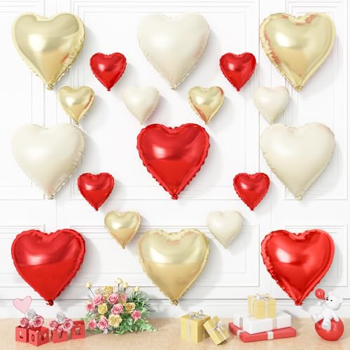 Rotgoldene Herzballons, 19 Stück, rot/weiß/champagnerfarben, herzförmig, 45,7 cm mit 25,4 cm cremefarbenem Helium-Mylar-Ballon für Geburtstag, Babyparty, Hochzeit, Valentinstag, Dekorationen Rotgoldene Herzballons, 19 Stück, rot/weiß/champagnerfarben, herzförmig, 45,7 cm mit 25,4 cm cremefarbenem Helium-Mylar-Ballon für Geburtstag, Babyparty, Hochzeit, Valentinstag, Dekorationen von Vibzox