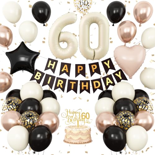 Sandweiß-Schwarz-Gold, Dekoration zum 60. Geburtstag, neutraler Ballon mit Zahl 60, für Männer und Frauen, Happy Birthday-Banner mit Folienstern-Herz-Luftballons, Kuchenaufsatz für 60-jährige Party von Vibzox