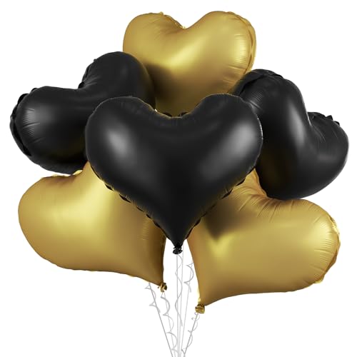 Schwarz-goldene Herz-Ballons, 6 Stück, 61 cm, groß, goldfarben, schwarze Herz-Folienballons für Geburtstag, Hochzeit, Babyparty, Jahrestag, Dekorationen von Vibzox