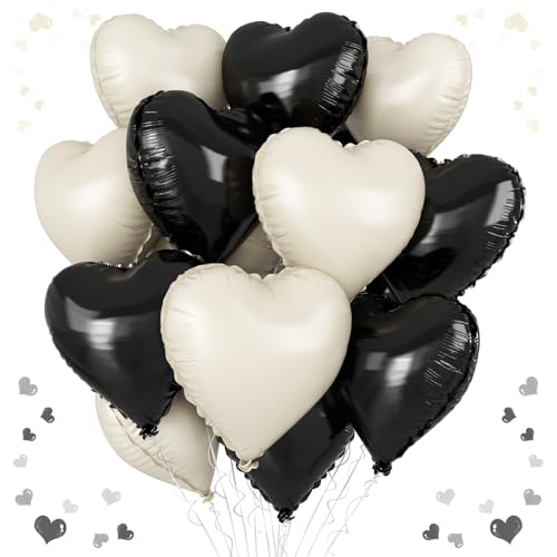 Schwarz-weiße Herzballons, 45,7 cm, schwarz und cremeweiß, Herzform, 12 Stück, weißer Sand, schwarzer Helium-Mylar-Herzballon für Geburtstag, Hochzeit, Brautparty, Junggesellinnenabschied, Schwarz-weiße Herzballons, 45,7 cm, schwarz und cremeweiß, Herzform, 12 Stück, weißer Sand, schwarzer Helium-Mylar-Herzballon für Geburtstag, Hochzeit, Brautparty, Junggesellinnenabschied, von Vibzox