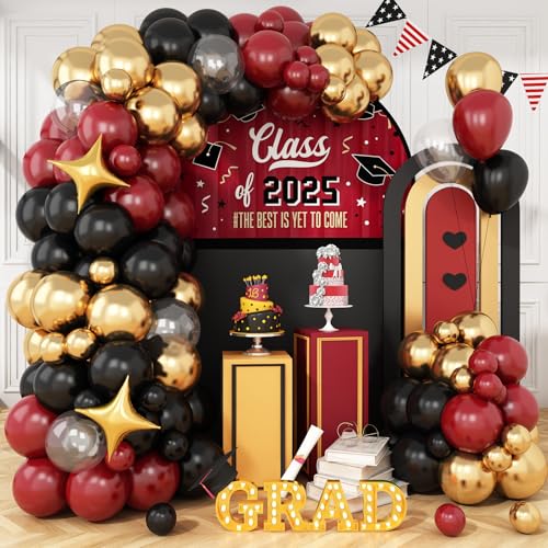 Schwarze burgunderrote goldene Luftballonbogen-Set, kastanienbraun-rot, schwarz, klare Ballon-Girlande mit metallischen Goldballons, Stern-Folienballon, für Abschlussfeier, Kinder, magischer Zauberer von Vibzox