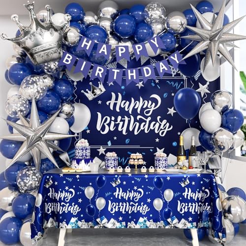Blau und Silber Geburtstagsdekorationen, Blau Weiß Silber Luftballons Happy Birthday Banner Blau Tischdecke Hintergrund für Happy Birthday Dekorationen für Männer Blau und Silber Geburtstagsdekorationen, Blau Weiß Silber Luftballons Happy Birthday Banner Blau Tischdecke Hintergrund für Happy Birthday Dekorationen für Männer von Vicduotex