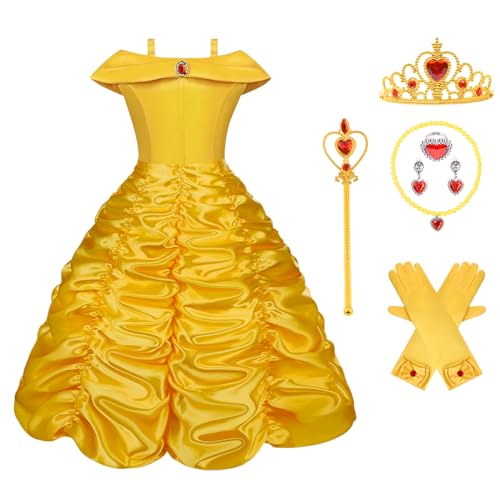 Vicloon Prinzessin Kostüm Mädchen,9 Set Belle Kostüm Kinderkleider Mädchen Tutu Kleid mit Zubehör, Handschuhe, Diadem, Zauberstab und Halskette Ringe von Vicloon