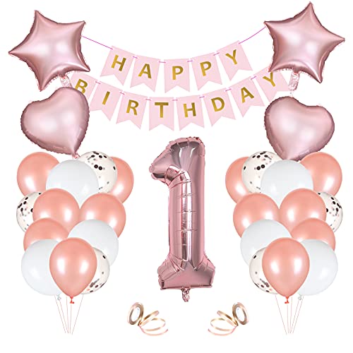 Vicloon 1th Geburtstag Dekorationen, Partydekorationen mit „Happy Birthday" Banner, Nummer„1"/Sterne-/Herzförmig- Folienballon, 6 Paillettenballons, 18 Latexballons und 2 Bandes für Kinder (Roségold) von Vicloon