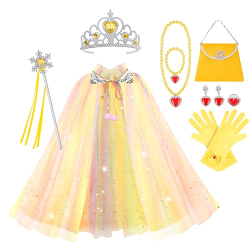 Vicloon 11 PCS Mädchen Prinzessin Kleid, prinzessin kleid mädchen, Mädchen kostüm mädchen mit Krone & Zauberstab, mädchen kostümWeihnachten Halloween Verkleidung Fasching Cosplay（Gelbe） von Vicloon
