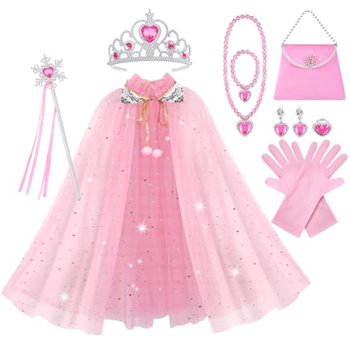 Vicloon 11 Stück Mädchen Prinzessin Kleid Mit Krone & Zauberstab, Kostüm für Weihnachten, Halloween, Verkleidung, Fasching, Cosplay, Geburtstag, Partykleid (Rosa) von Vicloon