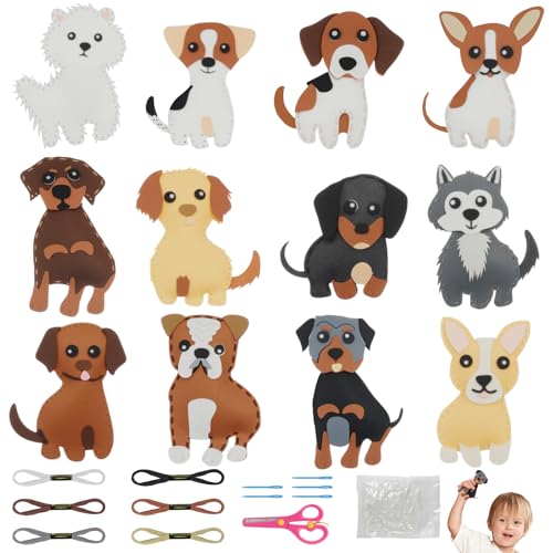 Vicloon 12 Stück Nähset Kinder, Filztiere Nähen Set, Bastelset für ab 6 Jahren und Anfänger, Nähen Kinder Filzset mit Stickgarn Plastiknadeln Füllwatte (Hund) von Vicloon