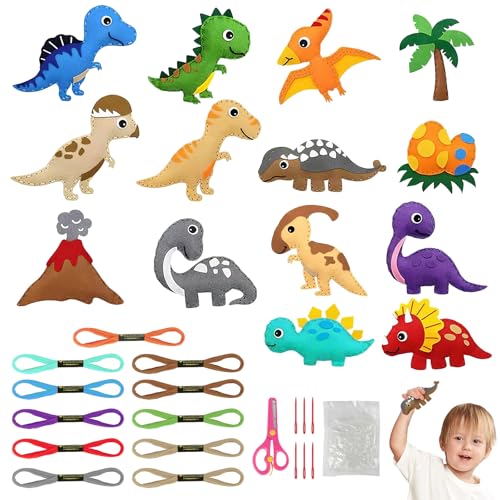 Vicloon 14 Stück Nähset Kinder, Filztiere Nähen Set, Bastelset für ab 6 Jahren und Anfänger, Nähen Kinder Filzset mit Stickgarn Plastiknadeln Füllwatte (Dinosaurier) von Vicloon