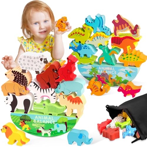 Vicloon 2er-Set Dinosaurier und Tiere Stapelspielzeug aus Holz, Montessori Holzspielzeug ab 2 3 4 5 Jahren, Balancieren Stapelspielzeug Motorikspielzeug Lernspiele, Geschenk für Mädchen Junge von Vicloon
