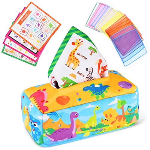 Vicloon Baby Tissue Box Toy,Babyspielzeug Montessori Spielzeug, Sensorik Spielzeug Baby,Tissue Box Spielzeug mit 4 Crinkle-Papier und 15 Bunte Seidenschals,Baby Spielzeug 6 Monate-Dinosaurier Stil… von Vicloon