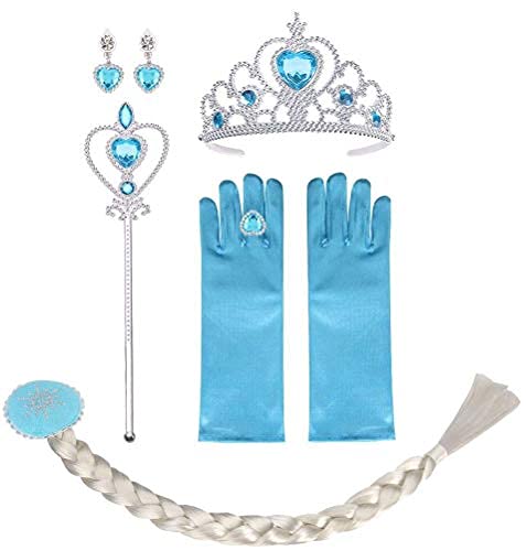 Vicloon ELSA Prinzessin Kostüme, enthält EIN ELSA Handschuhe, Tiara Braid, Zauberstab, Prinzessin Krone, Ohrringes, Ringe, Geeignet für Mädchen von 2-9 Jahren - Set of 8, Blau von Vicloon