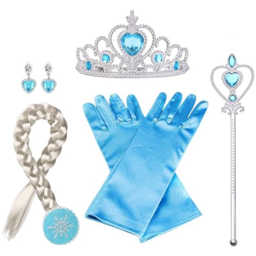 Vicloon Elsa Prinzessin Kostüme, Set of 7 mit Handschuhe, Tiara Braid, Zauberstab, Prinzessin Krone, Ohrringes, Geeignet für Mädchen von 3-9 Jahren - Blau von Vicloon