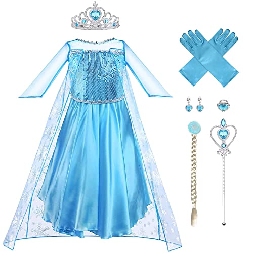 Vicloon ELSA Kleid, 5pcs ELSA kostüm mädchen mit Diademe & Zauberstab, mädchen kostümWeihnachten Halloween Verkleidung Fasching Karneval Cosplay Geburtstag Partykleid(100) von Vicloon
