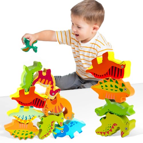 Vicloon Dinosaurier Stapelspielzeug aus Holz, Montessori Holzspielzeug ab 2 3 4 5 Jahren, Balancieren Stapelspielzeug Motorikspielzeug Lernspiele, Geschenk für Mädchen Junge von Vicloon