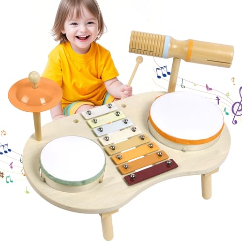 Vicloon Holzspielzeug Schlagzeug Set, Musikspielzeug Trommel mit Xylophon, Montessori Lernspielzeug Schlagzeug für Kinder ab 3 Jahre, Weihnachts und Geburtstagsgeschenk für Jungen und Mädchen von 1+ Vicloon Holzspielzeug Schlagzeug Set, Musikspielzeug Trommel mit Xylophon, Montessori Lernspielzeug Schlagzeug für Kinder ab 3 Jahre, Weihnachts und Geburtstagsgeschenk für Jungen und Mädchen von 1+ von Vicloon