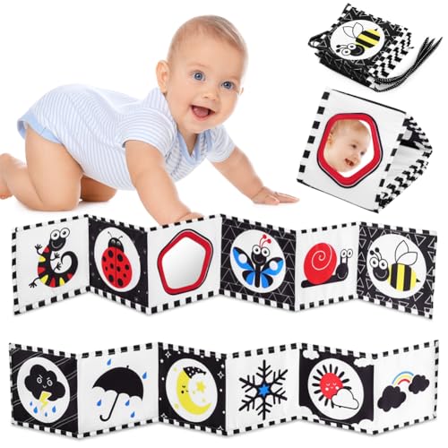 Vicloon Kontrastbuch Baby, Soft Bilderbuch aus Stoff mit Spiegeln, Schwarz Weiß Doppelseitig Baby Stoffbuch, Wahrnehmungs-Lernspielzeug,Neugeborenes Lernspielzeug Spielzeug Geschenk von Vicloon
