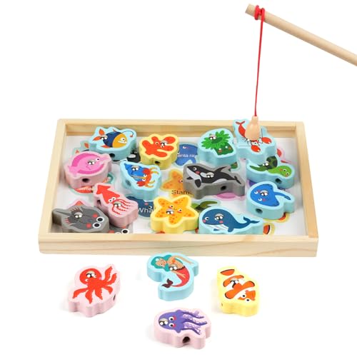 Vicloon Magnetisches Angelspiel, 18 Stück Montessori Spielzeug, Angelspiel Holz mit 17 Magnet-Fische und 1 Angelruten Lernspielzeug Geschenk für Kinder ab 3+ Jahre von Vicloon