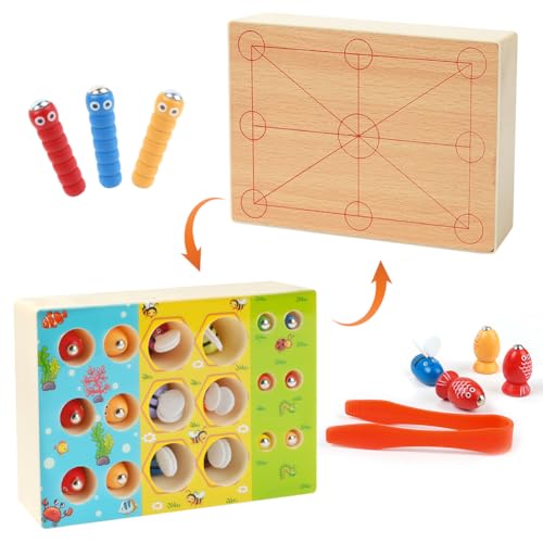 Vicloon Magnetisches Angelspiel, 3 in 1 Montessori Spielzeug, Angelspiel Holz mit 10 Fische, 6 Würmer, 6 Bienen, 1 Angelruten und 1 Clip Lernspielzeug Geschenk für Kinder ab 3+ Jahre von Vicloon