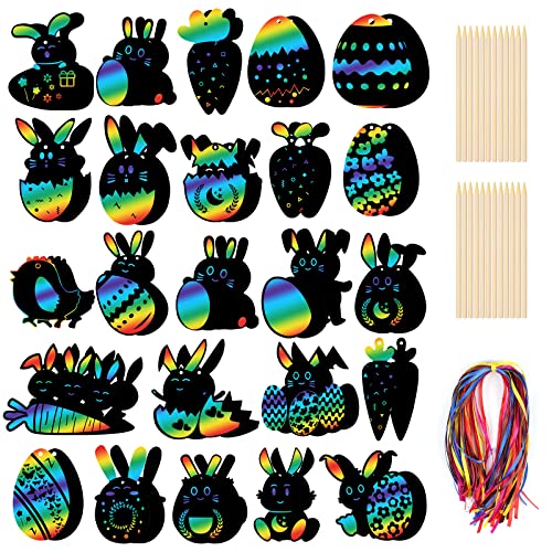 Vicloon Ostern Kratzbild Kinder, 48 Stück Hase Kratzpapier, Osterhasen Kratzpapier, Regenbogen Kratzpapier Kinder, Regenbogen Scratch Art DIY Dekoration für Ostern Party Mitgebsel (Oeuf) von Vicloon