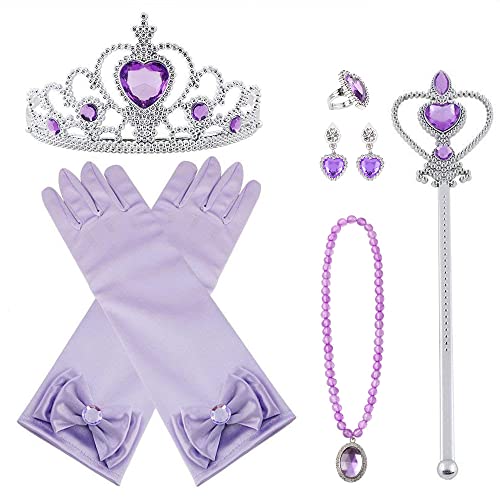 Vicloon Prinzessin Kostüme Eisprinzessin Set of 9, ELSA Handschuhe, Pfirsichherz Krone, Zauberstab, Halskette, Ring, Ohrring (Lila) von Vicloon