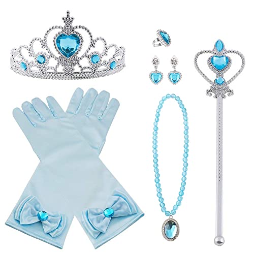 Vicloon Prinzessin Kostüme Eisprinzessin Set of 9, ELSA Handschuhe, Pfirsichherz Krone, Zauberstab, Halskette, Ring, Ohrring.(Blau) von Vicloon