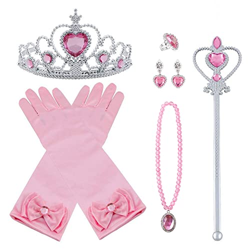 Vicloon Prinzessin Kostüme Eisprinzessin Set of 9, ELSA Handschuhe, Pfirsichherz Krone, Zauberstab, Halskette, Ring, Ohrring. (Pink) von Vicloon
