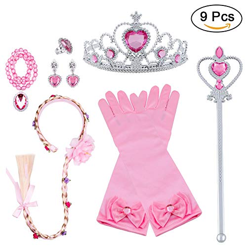 Vicloon Prinzessin Kostüme Zubehör, 9-teiliges Set Mädchen Dress up Zubehör mit 1 x Paar ELSA Handschuhe, 1 x ELSA Krone, 1 x Zauberstab, 1 x Halskette, 1 x Ring, 2 x Ohrring & 1x Zopf - Rosa von Vicloon