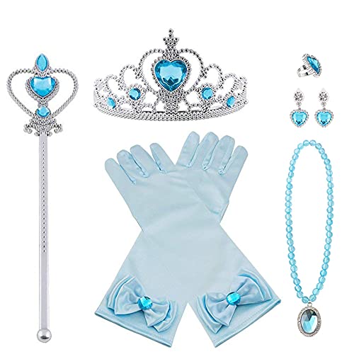 Vicloon Prinzessin Kostüme Zubehör Set of 7, Mädchen Dress up Zubehör mit ELSA Handschuhe, Pfirsichherz Krone, Zauberstab, Ring, Halskette, Ohrring für Geburtstage, Cosplay und Festivals - Blau von Vicloon