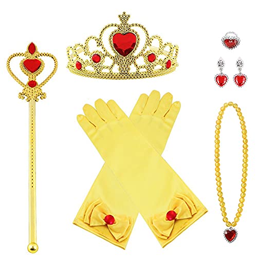 Vicloon Prinzessin Kostüme Zubehör Set of 7, Mädchen Dress up Zubehör mit ELSA Handschuhe, Pfirsichherz Krone, Zauberstab, Ring, Halskette, Ohrring für Geburtstage, Cosplay und Festivals - Gelb von Vicloon