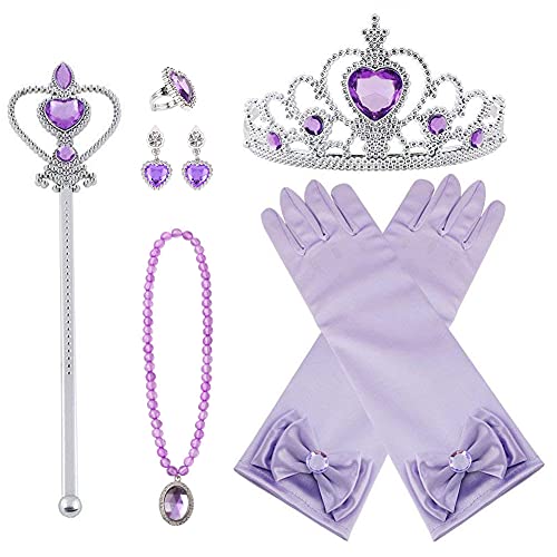 Vicloon Prinzessin Kostüme Zubehör Set of 7, Mädchen Dress up Zubehör mit ELSA Handschuhe, Pfirsichherz Krone, Zauberstab, Ring, Halskette, Ohrring für Geburtstage, Cosplay und Festivals - Lila von Vicloon