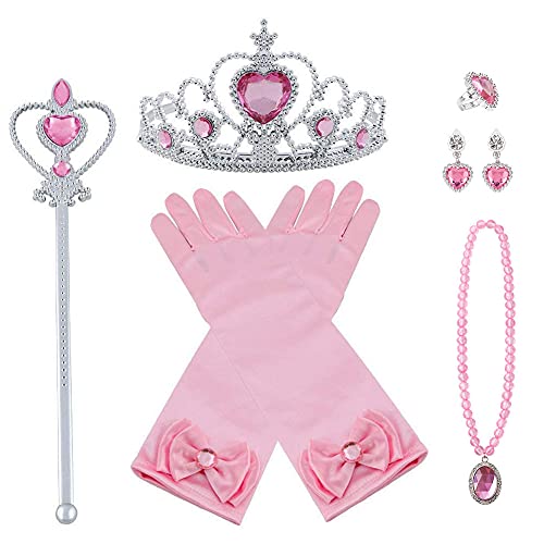 Vicloon Prinzessin Kostüme Zubehör Set of 7, Mädchen Dress up Zubehör mit ELSA Handschuhe, Pfirsichherz Krone, Zauberstab, Ring, Halskette, Ohrring für Geburtstage, Cosplay und Festivals - Rosa von Vicloon