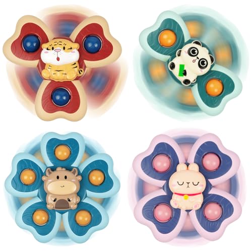 Vicloon Saugnapf Spinner Spielzeug, 4 Stück Fidget Spinner Spinning Top Saugspielzeug mit Beißring aus Silikon, Baby Badespielzeug, Sensorisches Spielzeug Baby, Toys Geschenke für 1-3 Jahre(Tier) von Vicloon