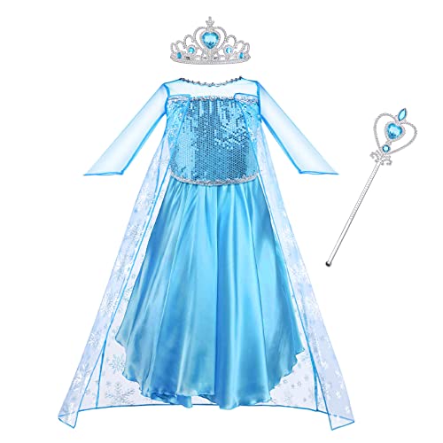 Vicloon ELSA Kleid, 3pcs ELSA kostüm mädchen mit Diademe & Zauberstab, mädchen kostümWeihnachten Halloween Verkleidung Fasching Karneval Cosplay Geburtstag Partykleid(100) von Vicloon