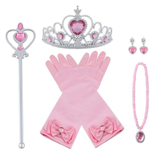 Vicloon Prinzessin Kostüme Zubehör, 7-teiliges Set Mädchen Dress up Zubehör mit 1 x Paar Elsa Handschuhe, 1 x Elsa Krone, 1 x Zauberstab, 1 x Halskette, 2 x Ohrring - Rosa von Vicloon