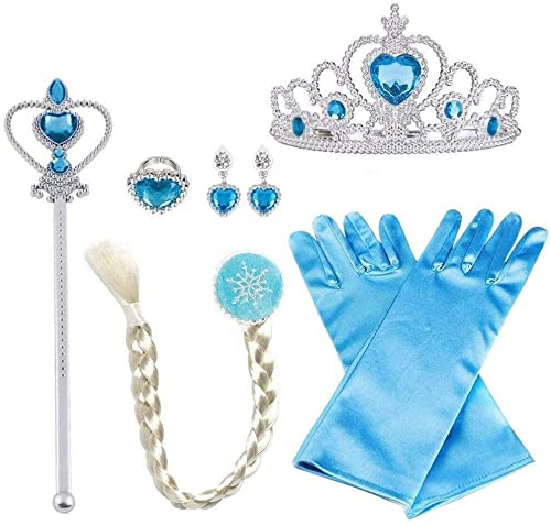 Vicloon ELSA Set, Eisprinzessin Set，ELSA Handschuhe, Pfirsichherz Krone, Zauberstab, Halskette, Ring, Ohrring, Clip-On Toupet, Set von 8 von Vicloon