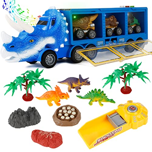 Victse Dinosaurier Spielzeug ab 3 4 5 Jahre, Dinosaurier Transporter LKW, Dinosaurier Spiel mit Licht und Sound, Dinosaurier-Autos, Dinosaurier-Spielfiguren für Jungen und Mädchen (Blau) von Victse