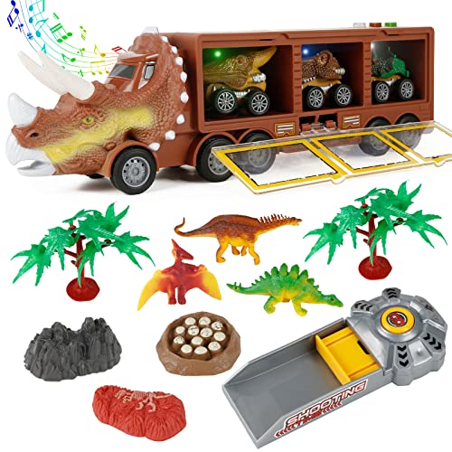 Victse Dinosaurier Spielzeug ab 3 4 5 Jahre, Dinosaurier Transporter LKW, Dinosaurier Spiel mit Licht und Sound, Dinosaurier-Autos, Dinosaurier-Spielfiguren für Jungen und Mädchen (Braun) von Victse
