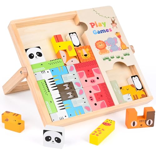 Victse Tetris Spiel Puzzle Set Kinder, Montessori Spielzeug ab 3 4 5 6 Jahre, Bunte Tiermusterblöcke Holzspielzeug für 3-6 Jahre, Motorikspielzeug Kinderspielzeug Geschenk für Mädchen Junge von Victse