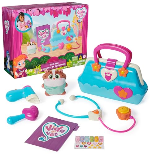 Vida the Vet, Tierarzttasche mit 5-teiligem Tierarzt-Kit Zubehör, 1 Popcorn Plüschspielzeug und Abziehbildern, für Kostümspiele, Spielzeug für Jungen und Mädchen A von Vida the Vet