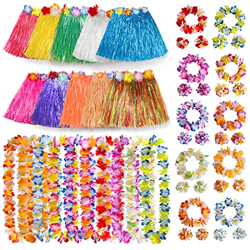 50STK Hawaii Rock Hula Party Bastrock Set mit 10 Elastisches Blumen Rock Hawaii Kostüm,10 Blumenkette,10 Stirnbändern und 20 Armbändern,Hawaii Kostüm Set für Sommer-Strandparty-Dekorationen (50Pcs) von Vidillo
