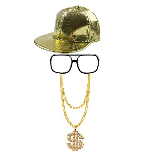 Vientiane Hip Hop Kostüm Kit, Baseball Cap, Sonnenbrille, Goldkette, Retro Style 80er / 90er Rapper Zubehör, Adult 80er Party Theme Zubehör von Vientiane