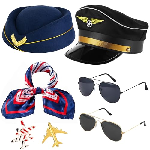Vifcotlyp 7stück Pilot Kapitän Kostüm Zubehör, Pilot Set Kapitän Piloten Kostüm Herren Damenflugbegleiter Kostüm Zubehör Für Frauen Stewardess Kostüm Mit Pilotenmütze Für Fasching Karneval von Vifcotlyp