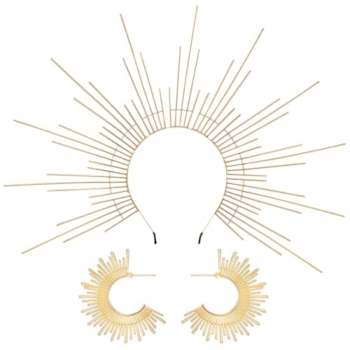 Vifcotlyp Halo Krone Kopfschmuck, Sonne Kostüm Stirnband Göttin Schmuck mit Ohrringen Haarreif Gold für Festival Halloween Cosplay von Vifcotlyp