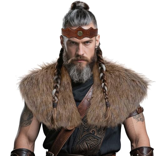 Vifcotlyp Wikinger Kunstpelz Schal, Wikinger Kostüm Herren Mittelalter Kleidung Pelzmantel mit Leder Stirnband Pelz Umhang Schulter Wickelkragen für Halloween Cosplay von Vifcotlyp