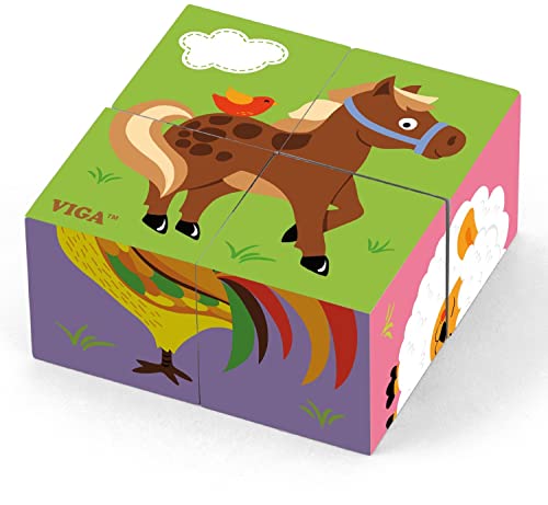 Viga 50835 Toys-Würfelpuzzle-Bauernhoftiere, Multi Color von Viga