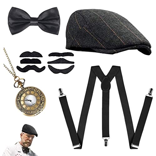 Vigcebit Herren Gatsby Kostüm - Einheitsgröße 1920er Gangster-Outfit - 20er-Jahre-Kostümset mit Hut, Taschenuhr, Bart, Augenbrauen, Fliege und Y-Schlinge für Cocktails, Mottopartys, Cosplay von Vigcebit