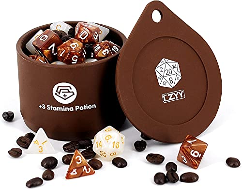 DND Coffee & Sugar Themed Dice Set (14 PCS) mit +3 Stamina Trank Silikon Becher zur Aufbewahrung, 7 Polyedrische Gaming Würfel von Viipha