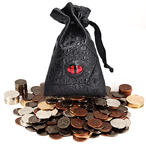 Viipha DND Metallmünzen 60er Set mit Ledertasche - Gaming Tokens, Piratenschatz, Zubehör & Requisiten für Brettspiele von VIIPHA