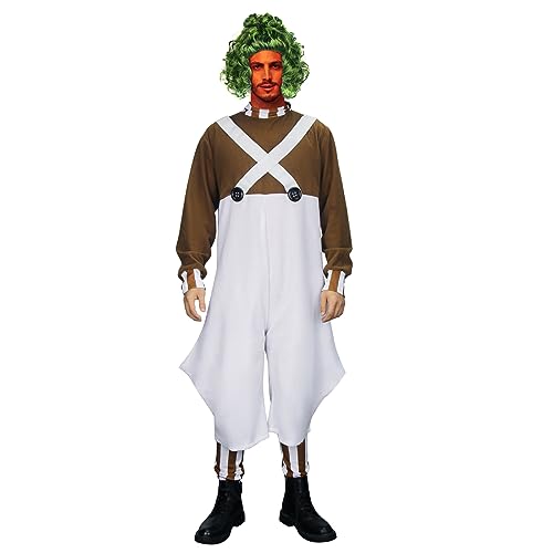Vikidoky Brown Candy Chocolate Factory Arbeiter-Kostüm, Overall, Outfit mit Leggings, Perücke, Halloween, Cosplay, Uniform (groß, Erwachsene) von Vikidoky