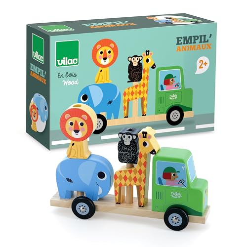 VILAC - Empil'animo 4-teilig – Ingela P.Arrhenius – Auto + Tiere aus Holz – 1 LKW + 1 Anhänger aus Holz + 4 Tiere aus Holz – Elefant, Löwe, AFFE und Giraffe – ab 2 Jahren – 7637 von Vilac